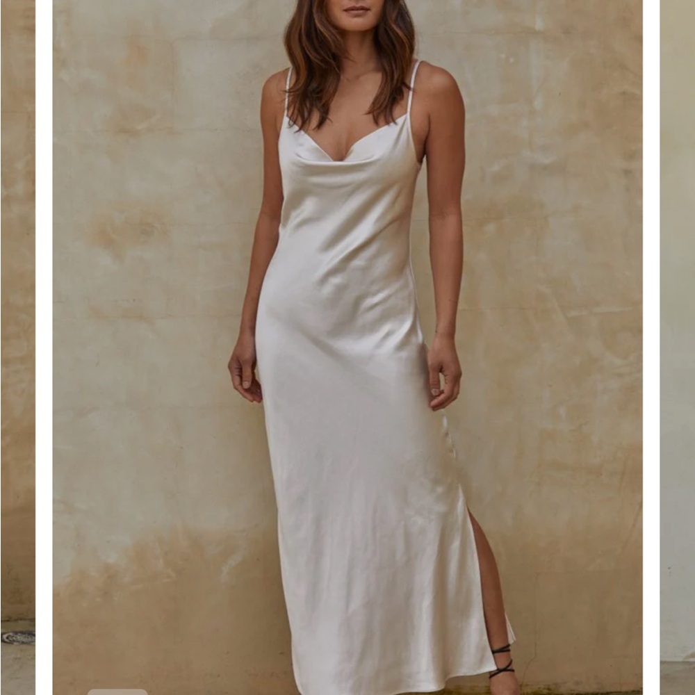 By Together White Sand Satin Cowl Neck Dress - thread and seed